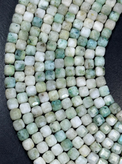 AA NATURAL Kiwi Mariposite Jasper Gemstone Bead Faceted 7mm 8mm Cube Shape, Gorgeous Light Green White Color Loose Mariposite Beads. Full Strand 15.5"