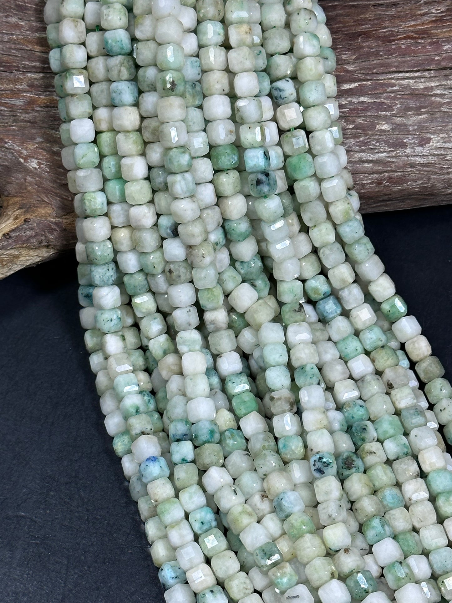 AA NATURAL Kiwi Mariposite Jasper Gemstone Bead Faceted 7mm 8mm Cube Shape, Gorgeous Light Green White Color Loose Mariposite Beads. Full Strand 15.5"