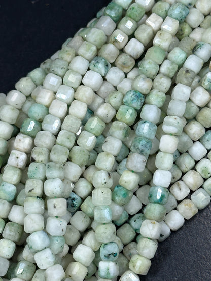 AA NATURAL Kiwi Mariposite Jasper Gemstone Bead Faceted 7mm 8mm Cube Shape, Gorgeous Light Green White Color Loose Mariposite Beads. Full Strand 15.5"