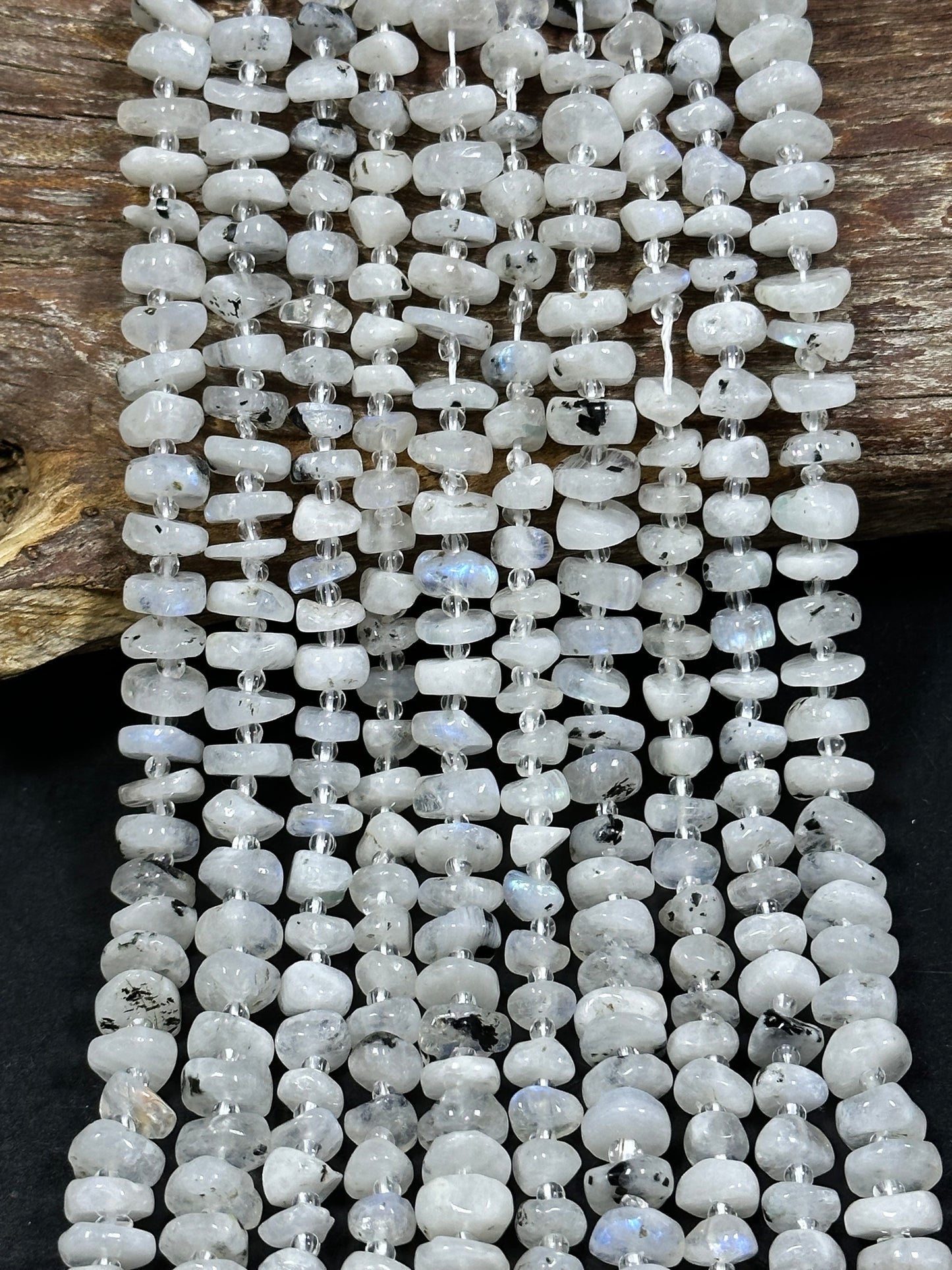 NATURAL Blue Flash Moonstone Gemstone Bead 6-10mm Freeform Rondelle Shape, Beautiful White Color w/ Blue Flash Loose Beads Full strand 15.5"