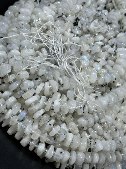 NATURAL Blue Flash Moonstone Gemstone Bead 6-10mm Freeform Rondelle Shape, Beautiful White Color w/ Blue Flash Loose Beads Full strand 15.5"