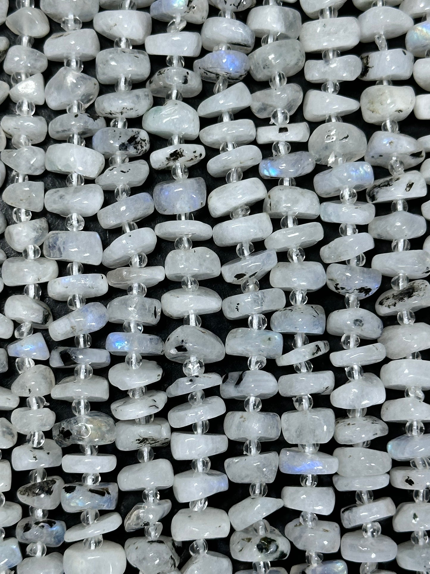 NATURAL Blue Flash Moonstone Gemstone Bead 6-10mm Freeform Rondelle Shape, Beautiful White Color w/ Blue Flash Loose Beads Full strand 15.5"