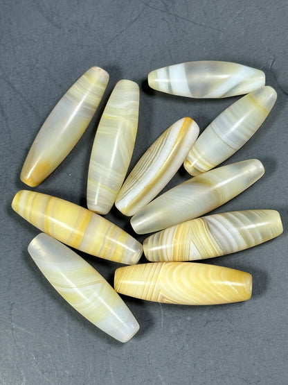 NATURAL Botswana Agate Gemstone Bead 38x12mm to 45x13mm Tube Shape Beads, Beautiful White Yellow Color Botswana Agate Gemstone LOOSE Beads