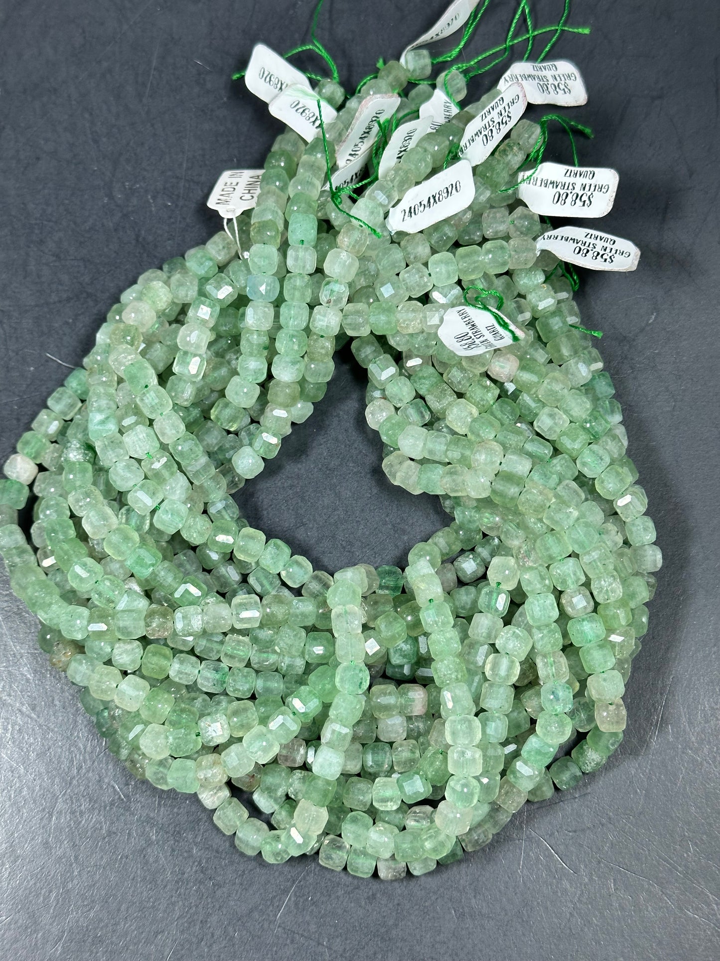 NATURAL Green Strawberry Quartz Gemstone Bead Faceted 6mm Cube Shape Bead, Beautiful Green Color Strawberry Quartz Bead. Full Strand 15.5"