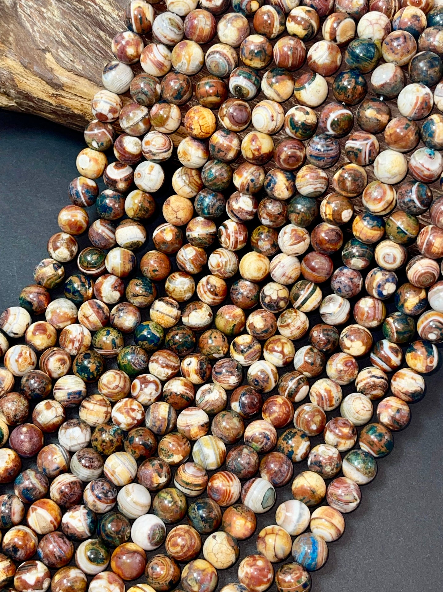 Beautiful Natural Hand painted Tibetan gemstone bead. 10mm round bead. Gorgeous unique brown blue multi color gemstone bead.