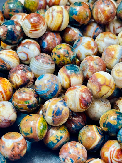 Beautiful Natural Hand painted Tibetan gemstone bead. 10mm round bead. Gorgeous unique brown blue multi color gemstone bead.