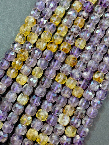 Natural gemstone bead. Faceted 7mm CUBE shape bead. AMETRINE gemstone bead. Clear Purple Orange Excellent Quality. FULL strand 15.5”