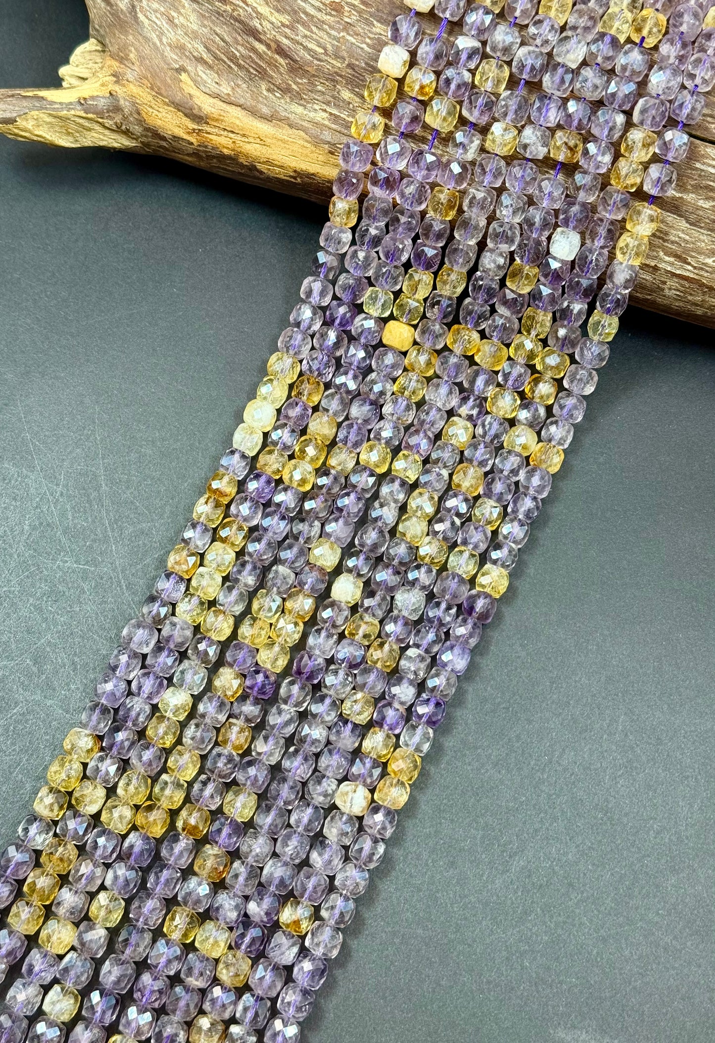 Natural gemstone bead. Faceted 7mm CUBE shape bead. AMETRINE gemstone bead. Clear Purple Orange Excellent Quality. FULL strand 15.5”