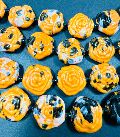 Beautiful Hand Painted Porcelain Beads, 26x27mm Unique Hand Painted Porcelain Rose Flower Shape Bead, Gorgeous orange color Porcelain Bead 9"