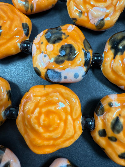 Beautiful Hand Painted Porcelain Beads, 26x27mm Unique Hand Painted Porcelain Rose Flower Shape Bead, Gorgeous orange color Porcelain Bead 9"
