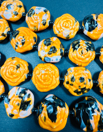 Beautiful Hand Painted Porcelain Beads, 26x27mm Unique Hand Painted Porcelain Rose Flower Shape Bead, Gorgeous orange color Porcelain Bead 9"