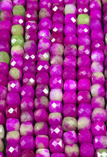 Natural gemstone bead. faceted cube shape bead. Hot Pink with Green jade gemstone bead. excellent quality. full strand 15.5”