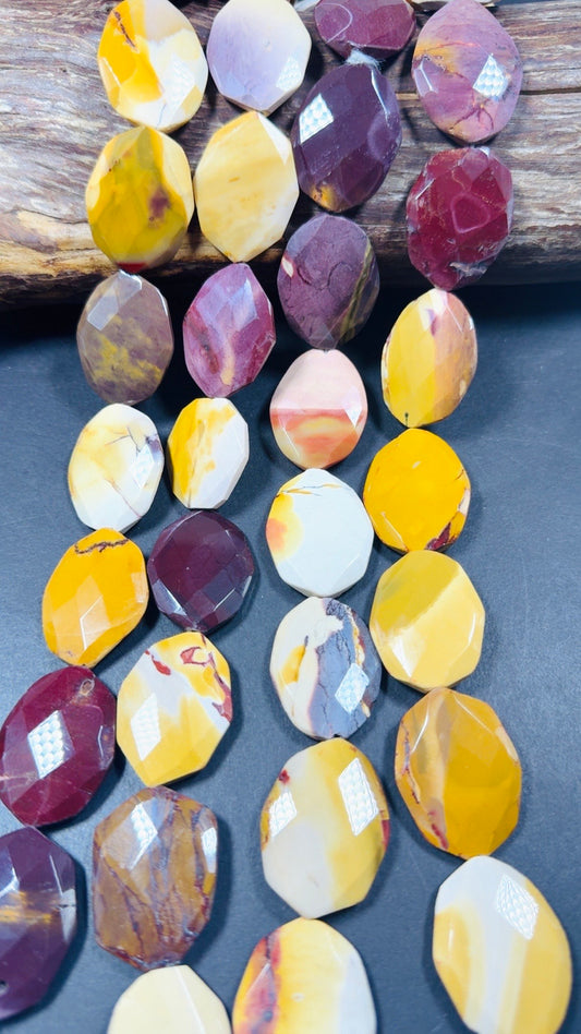 Natural Mookaite Faceted Oval Shaped Gemstone Bead, Beautiful Natural Red, Brown, Beige Color, Full Strand 15.5".