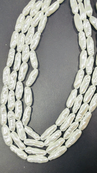 AAA Natural Pearl. Freefrom Biwa tube shaped pearls, Beautiful White Swarovski Crystal Pearl  15.5"