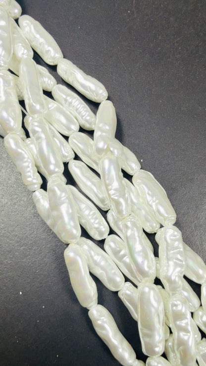 AAA Natural Pearl. Freefrom Biwa tube shaped pearls, Beautiful White Swarovski Crystal Pearl  15.5"