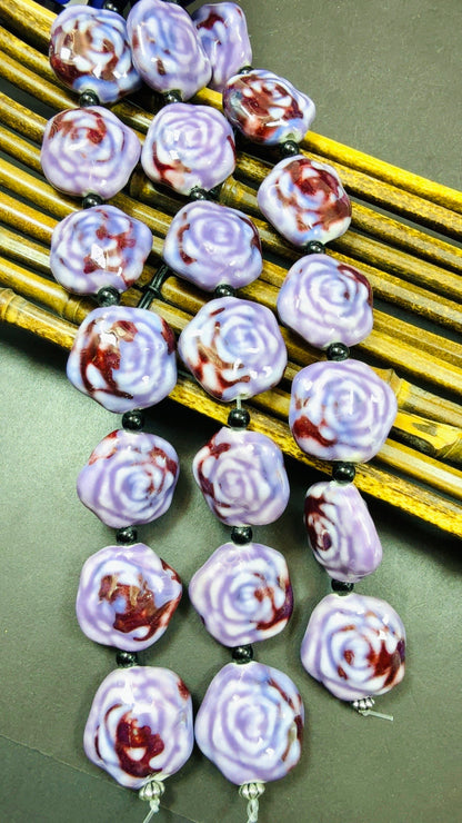 Beautiful Hand Painted Porcelain Beads, 26x27mm Unique Hand Painted Rose Flower Shape Bead, Gorgeous Purple color Porcelain Bead 9"