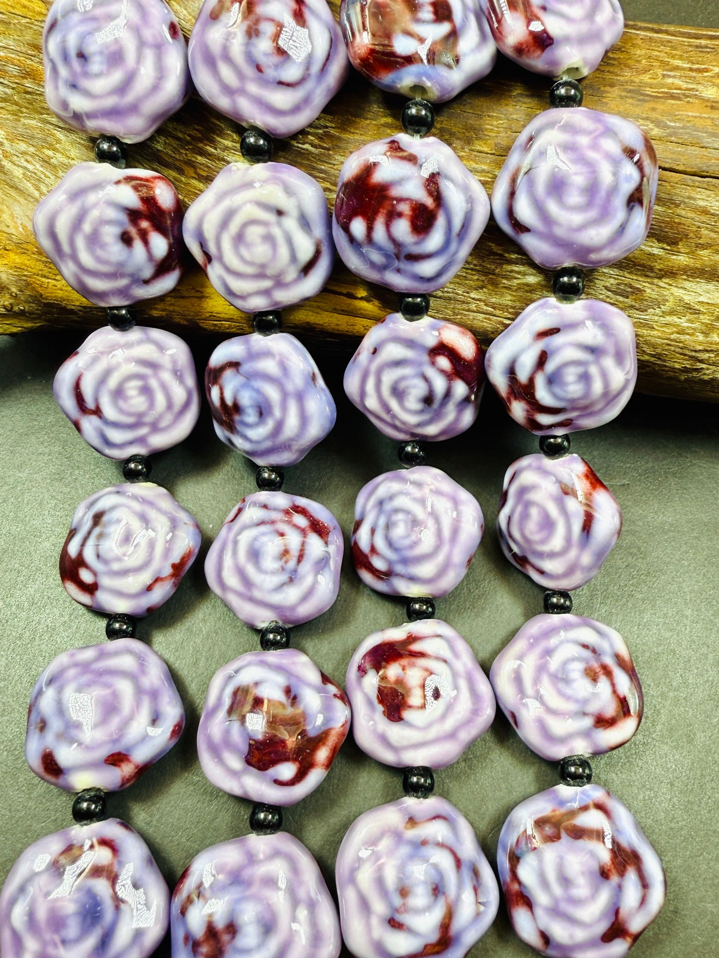 Beautiful Hand Painted Porcelain Beads, 26x27mm Unique Hand Painted Rose Flower Shape Bead, Gorgeous Purple color Porcelain Bead 9"