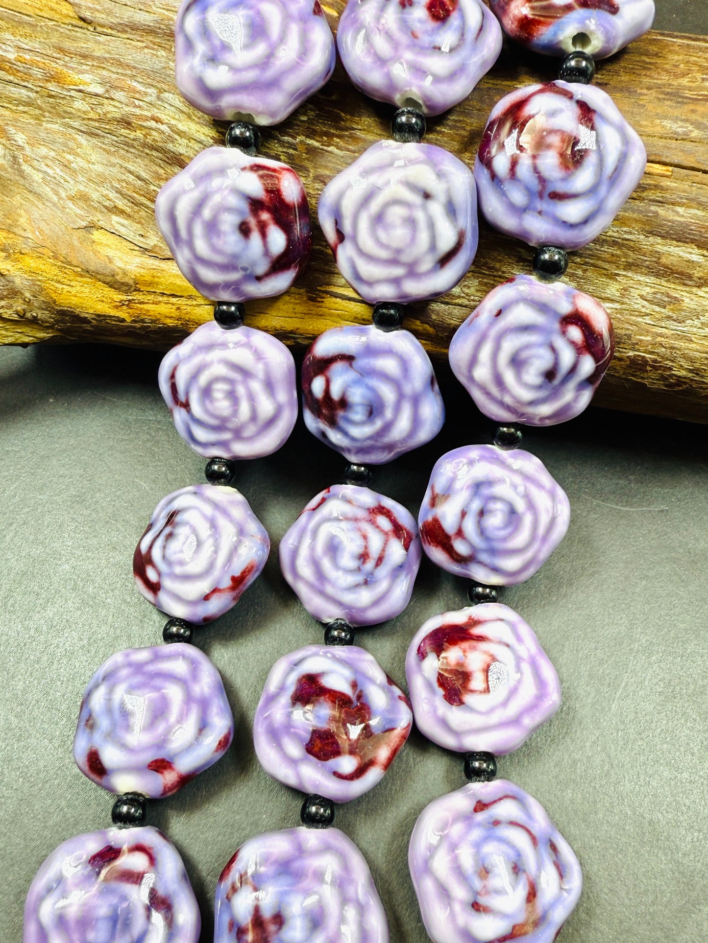 Beautiful Hand Painted Porcelain Beads, 26x27mm Unique Hand Painted Rose Flower Shape Bead, Gorgeous Purple color Porcelain Bead 9"