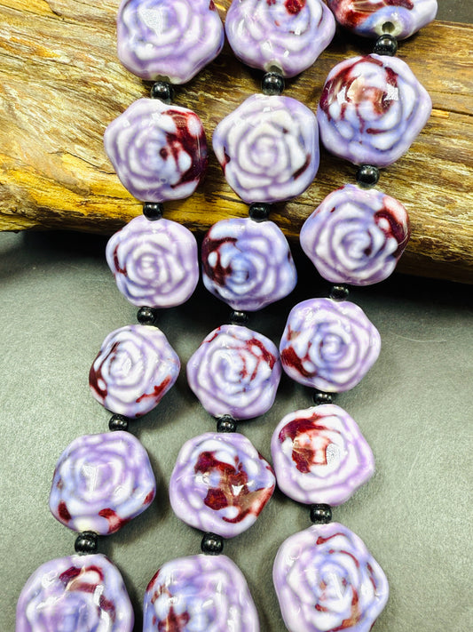 Beautiful Hand Painted Porcelain Beads, 26x27mm Unique Hand Painted Rose Flower Shape Bead, Gorgeous Purple color Porcelain Bead 9"