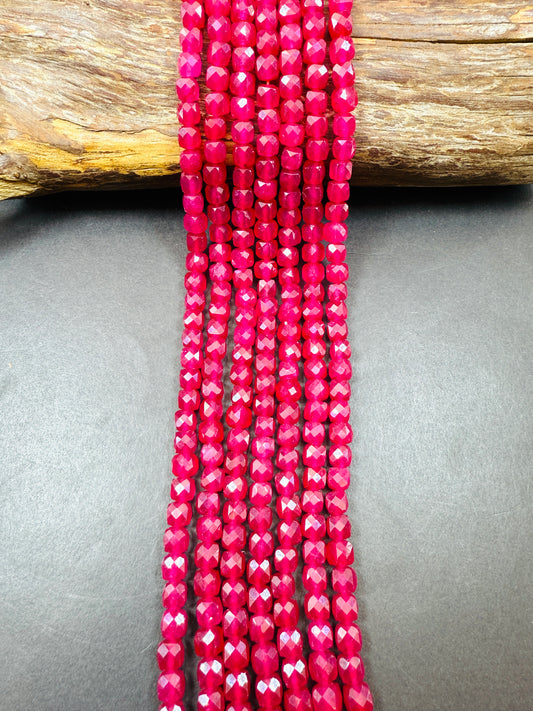 Natural Ruby jade bead . Faceted 6mm cube shape bead. Beautiful natural Hot Pink Ruby Color. Full strand 15.5”