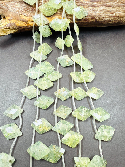 Natural Prehnite Gemstone Bead Faceted 17x25mm Diamond Shape, Beautiful Natural Green Prehnite w/ Epidote Gemstone Beads, Full Strand 15.5"