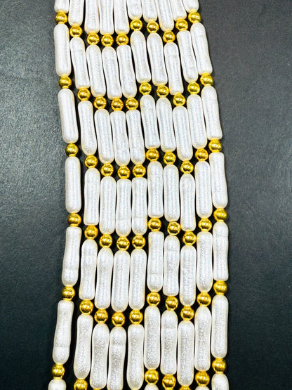 Chinese Swarovski Pearl Crystal Beads. Freefrom Biwa stick shaped pearls, Beautiful White Swarovski Crystal Pearl with golden ball   15.5"