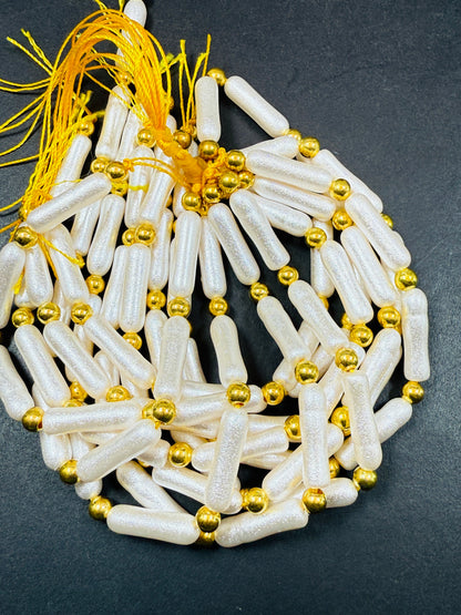 Chinese Swarovski Pearl Crystal Beads. Freefrom Biwa stick shaped pearls, Beautiful White Swarovski Crystal Pearl with golden ball   15.5"