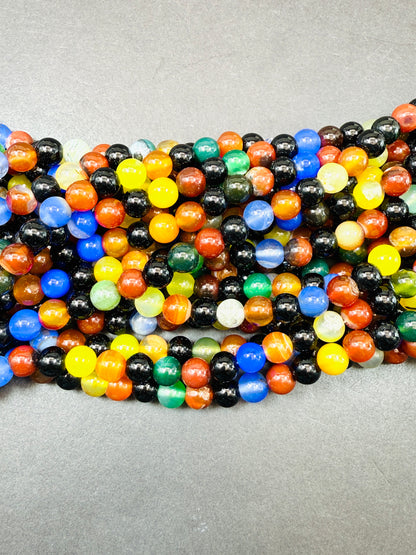 Natural multi color black jade gemstone bead. Smooth Round shape stone bead. Unique black, yellow,blue, green and brown color jade beads.