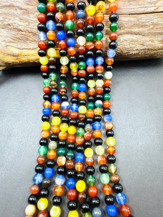 Natural multi color black jade gemstone bead. Smooth Round shape stone bead. Unique black, yellow,blue, green and brown color jade beads.
