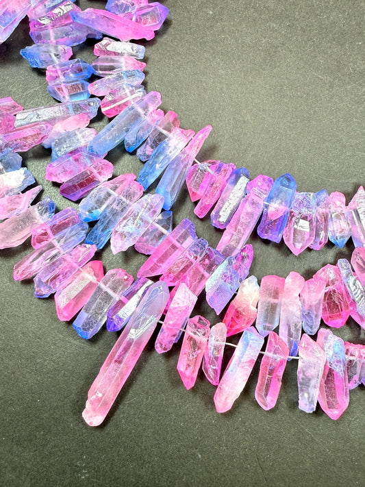 AAA Natural Cotton Candy color rock quartz crystal stone bead. Freedom stick shape. Gorgeous blue pink rainbow color quartz crystal bead. 15.5”