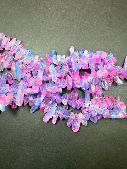 AAA Natural Cotton Candy color rock quartz crystal stone bead. Freedom stick shape. Gorgeous blue pink rainbow color quartz crystal bead. 15.5”