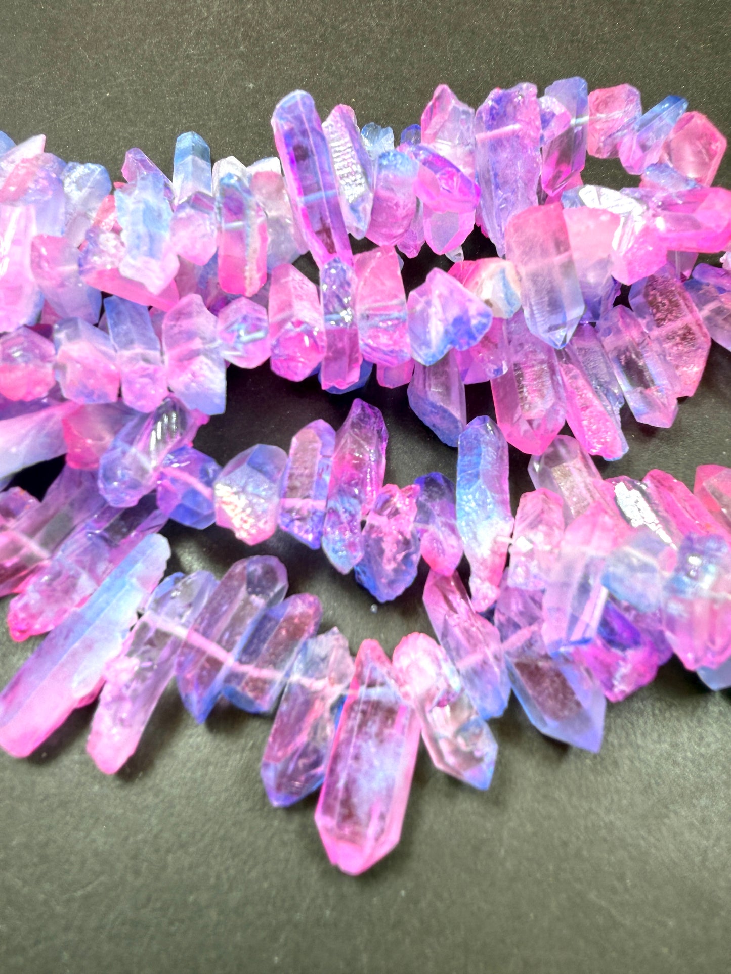 AAA Natural Cotton Candy color rock quartz crystal stone bead. Freedom stick shape. Gorgeous blue pink rainbow color quartz crystal bead. 15.5”