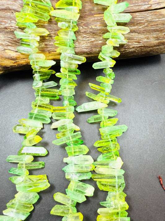 AAA natural rainbow quartz crystal bead. Freedom stick shape. Gorgeous lemon green color quartz crystal bead. High quality gemstone. 15.5”