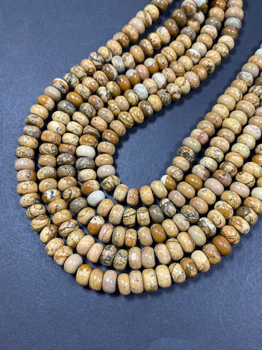 Natural picture jasper roundel stone bead. Faceted  5x9mm Rondell bead. Beautiful natural brown jasper gemstone. Full strand length 15''