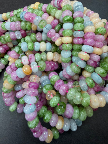 Natural gemstone bead. Multi color jade stone bead. 5x8mm smooth rondelle shape. Excellent quality. Full strand 15.5”.