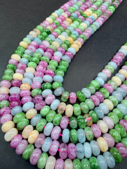 Natural gemstone bead. Multi color jade stone bead. 5x8mm smooth rondelle shape. Excellent quality. Full strand 15.5”.