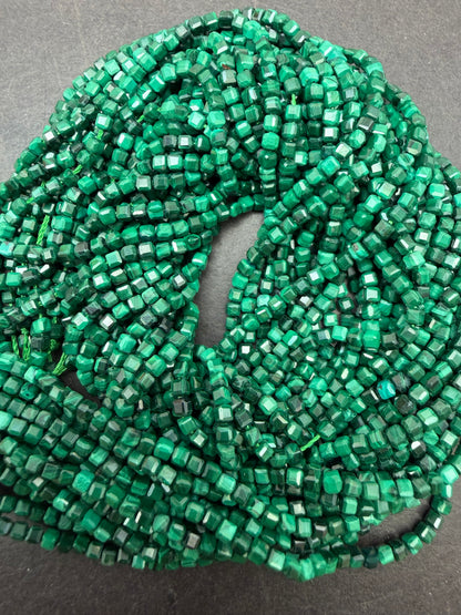 Natural malachite stone bead. Faceted 2mm cube shape bead. Beautiful natural green malachite gemstone bead 15.5” strand