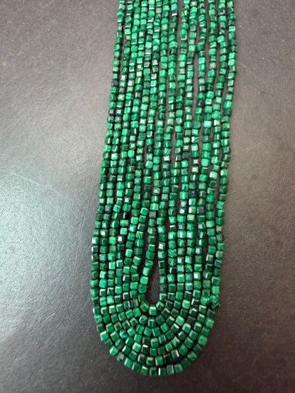 Natural malachite stone bead. Faceted 2mm cube shape bead. Beautiful natural green malachite gemstone bead 15.5” strand