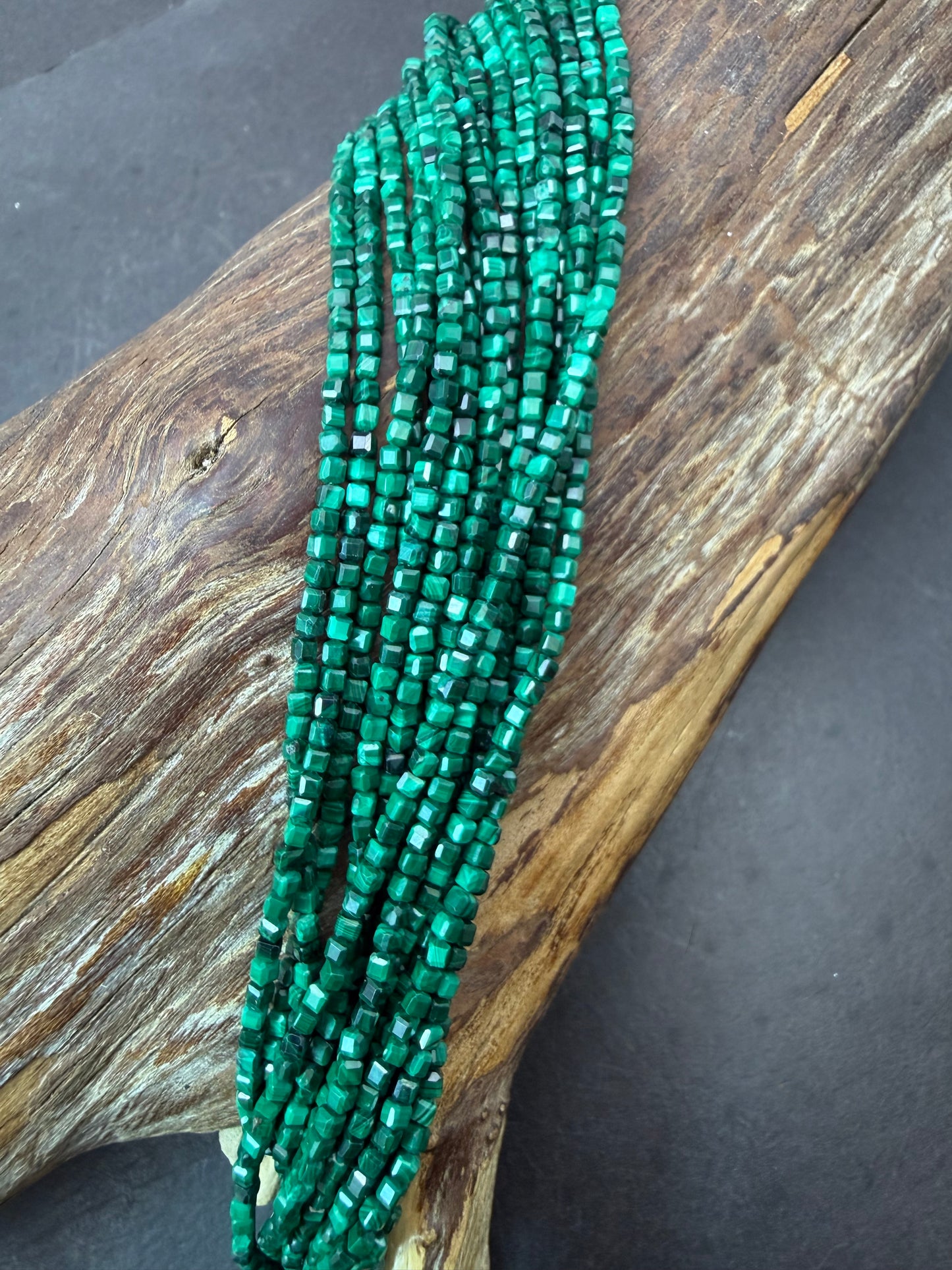 Natural malachite stone bead. Faceted 2mm cube shape bead. Beautiful natural green malachite gemstone bead 15.5” strand
