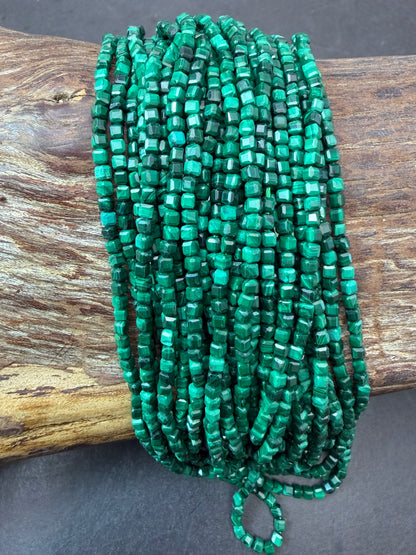 Natural malachite stone bead. Faceted 2mm cube shape bead. Beautiful natural green malachite gemstone bead 15.5” strand