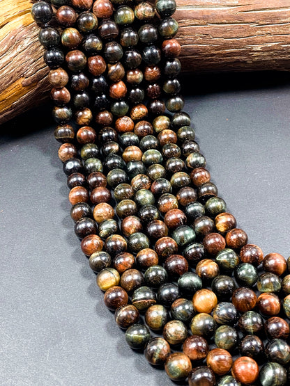 Natural Multicolor Tiger Eye Gemstone 8mm 10mm Round Beads, Gorgeous Multicolor Brown Navy Turquoise Color Tiger Eye Gemstone Beads 15.5"