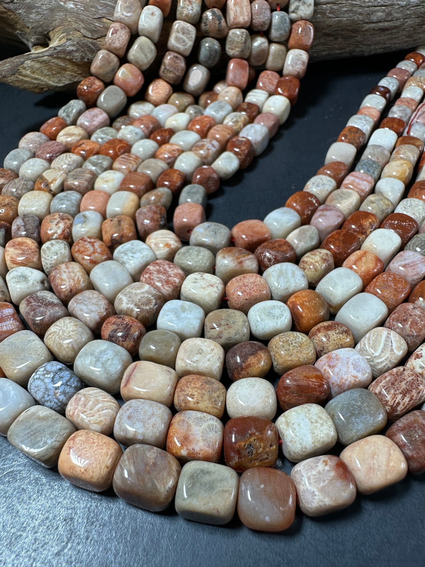 AAA Natural Fossilized Coral Agate Gemstone Beads 11x9mm Cube Shape, Brown Gray Beads, Great Quality Beads, Full length 15.5 inches