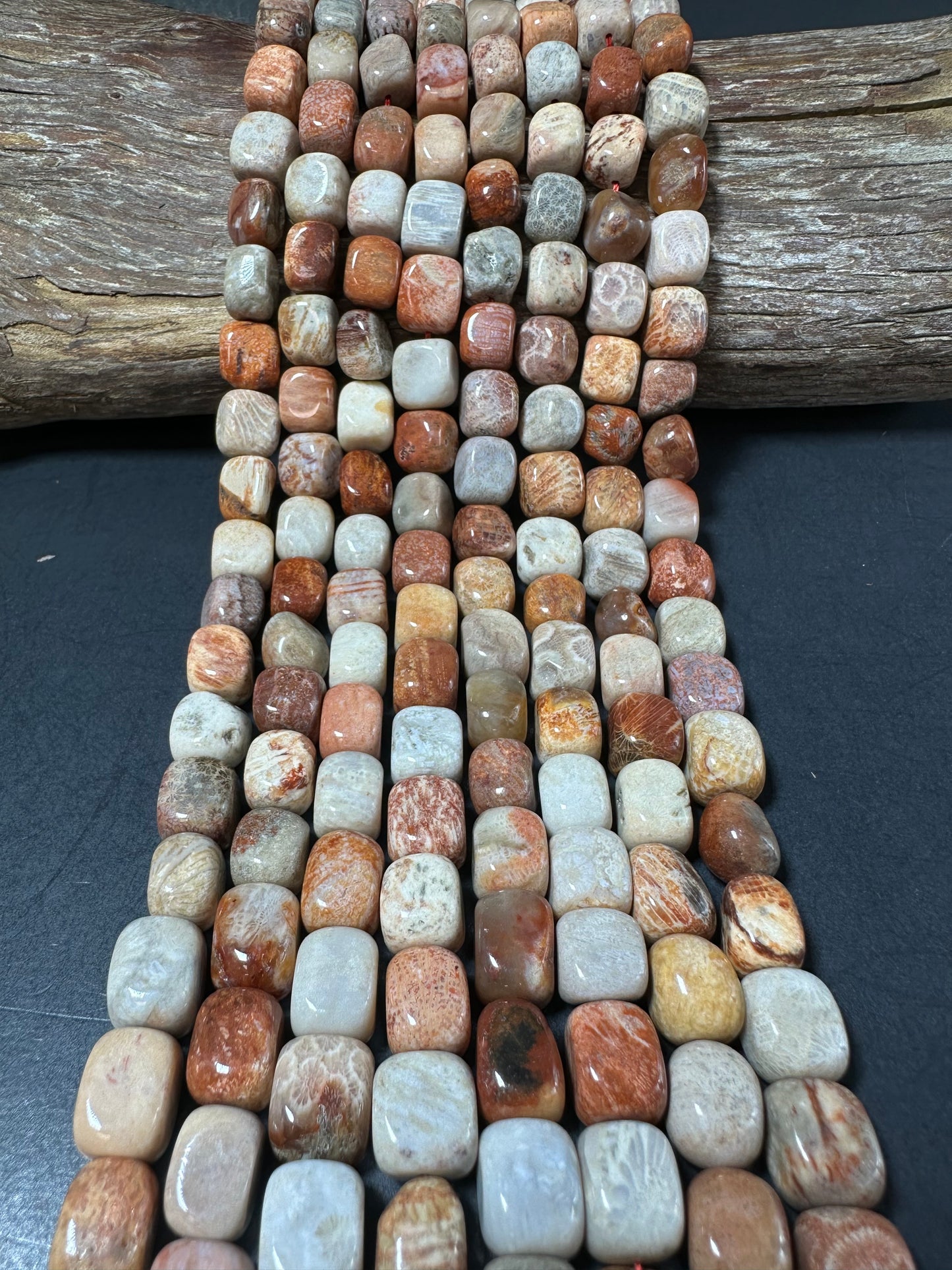 AAA Natural Fossilized Coral Agate Gemstone Beads 11x9mm Cube Shape, Brown Gray Beads, Great Quality Beads, Full length 15.5 inches