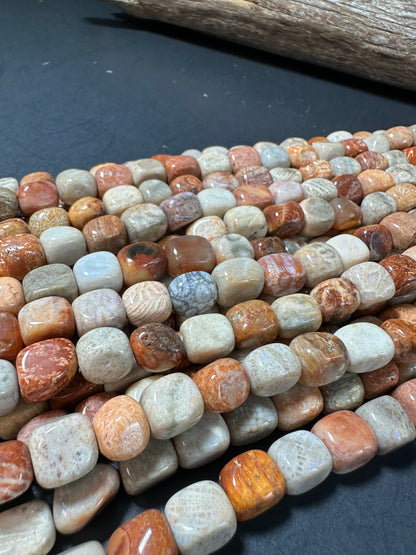 AAA Natural Fossilized Coral Agate Gemstone Beads 11x9mm Cube Shape, Brown Gray Beads, Great Quality Beads, Full length 15.5 inches