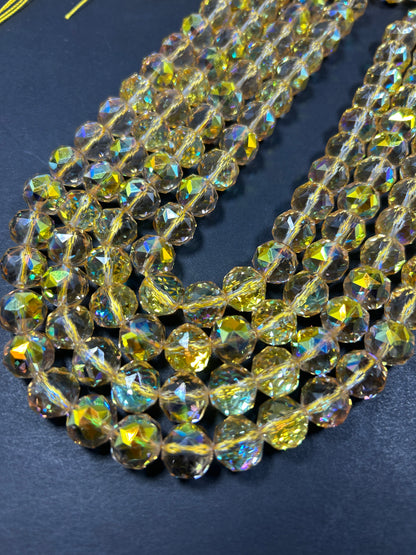 Beautiful Clear Yellow Mystic Chinese Crystal Glass Bead Faceted 6MM 8MM 10MM Round Bead, Gorgeous Iridescent Clear Great Quality Glass