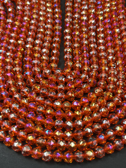 Beautiful Crystal glass bead. Faceted round shape bead. Gorgeous red orange color, high quality crystal bead! Full strand