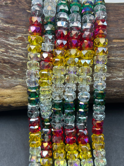 Beautiful Multi-color Crystal 7.5x4.5mm Faceted Rondelle Shape Gorgeous Mix of Red, Yellow, White, and Green Colors, Great Quality Glass!