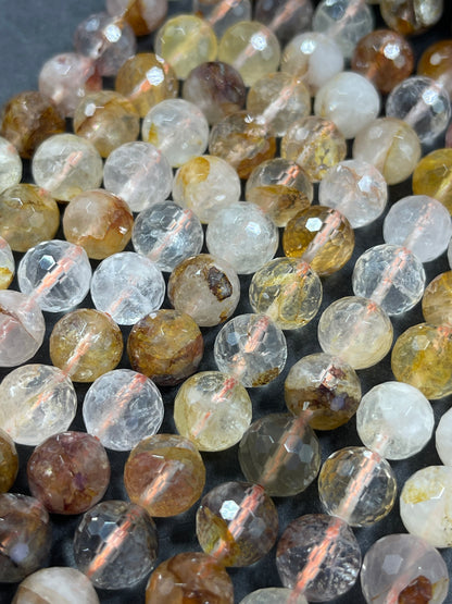 Natural Rutilated Golden Healer Quartz Gemstone Bead Faceted 6mm 8mm 10mm Round Bead, Beautiful Golden Yellow Clear Quartz Bead 15.5" Strand