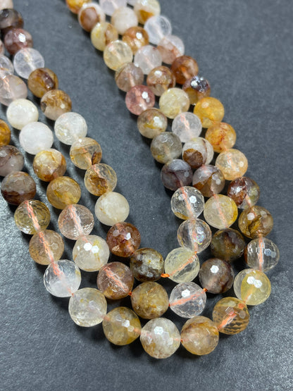 Natural Rutilated Golden Healer Quartz Gemstone Bead Faceted 6mm 8mm 10mm Round Bead, Beautiful Golden Yellow Clear Quartz Bead 15.5" Strand