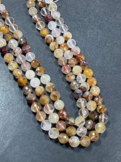 Natural Rutilated Golden Healer Quartz Gemstone Bead Faceted 6mm 8mm 10mm Round Bead, Beautiful Golden Yellow Clear Quartz Bead 15.5" Strand